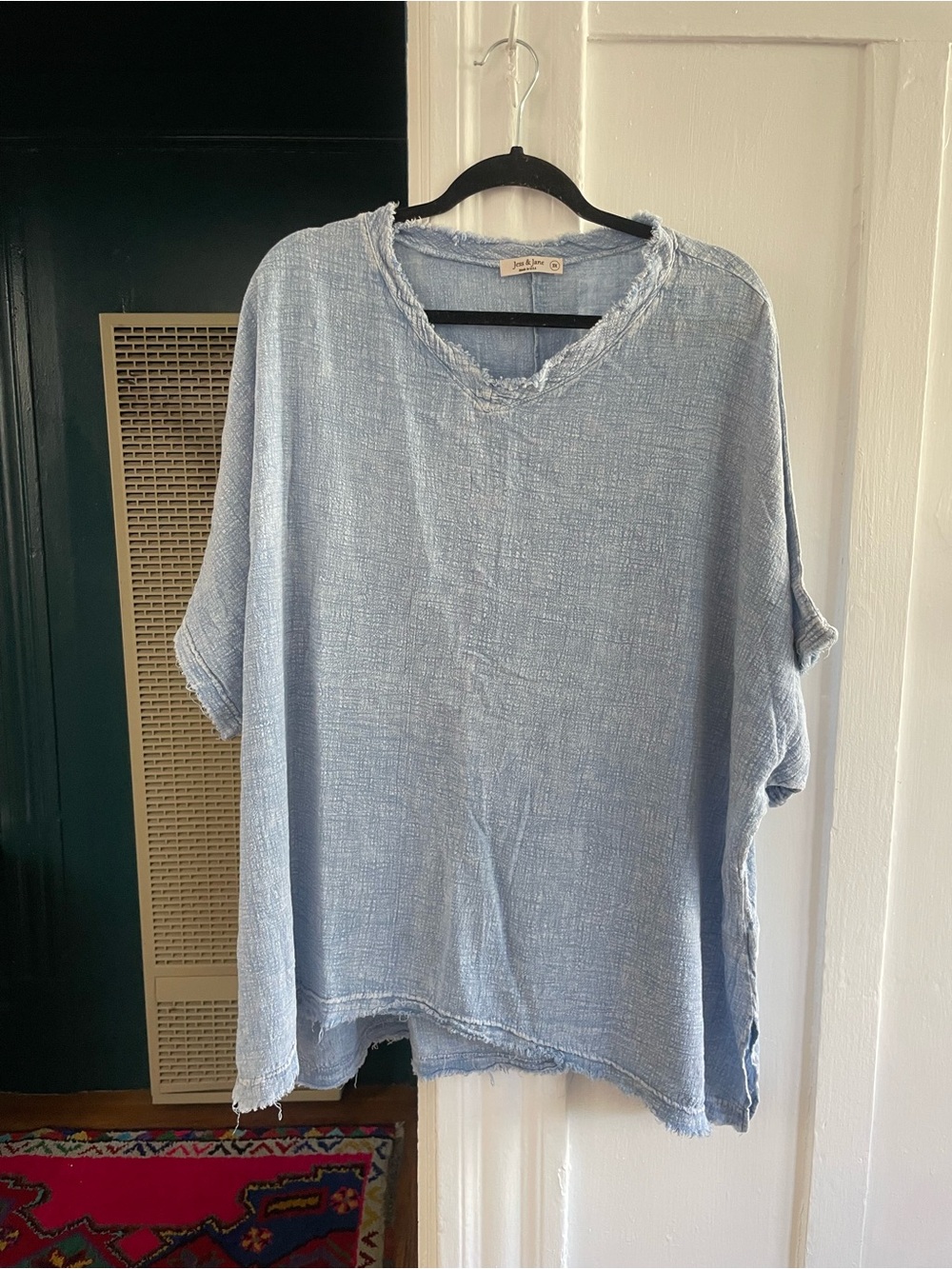Light Blue Washed Linen Blend V-Neck Top